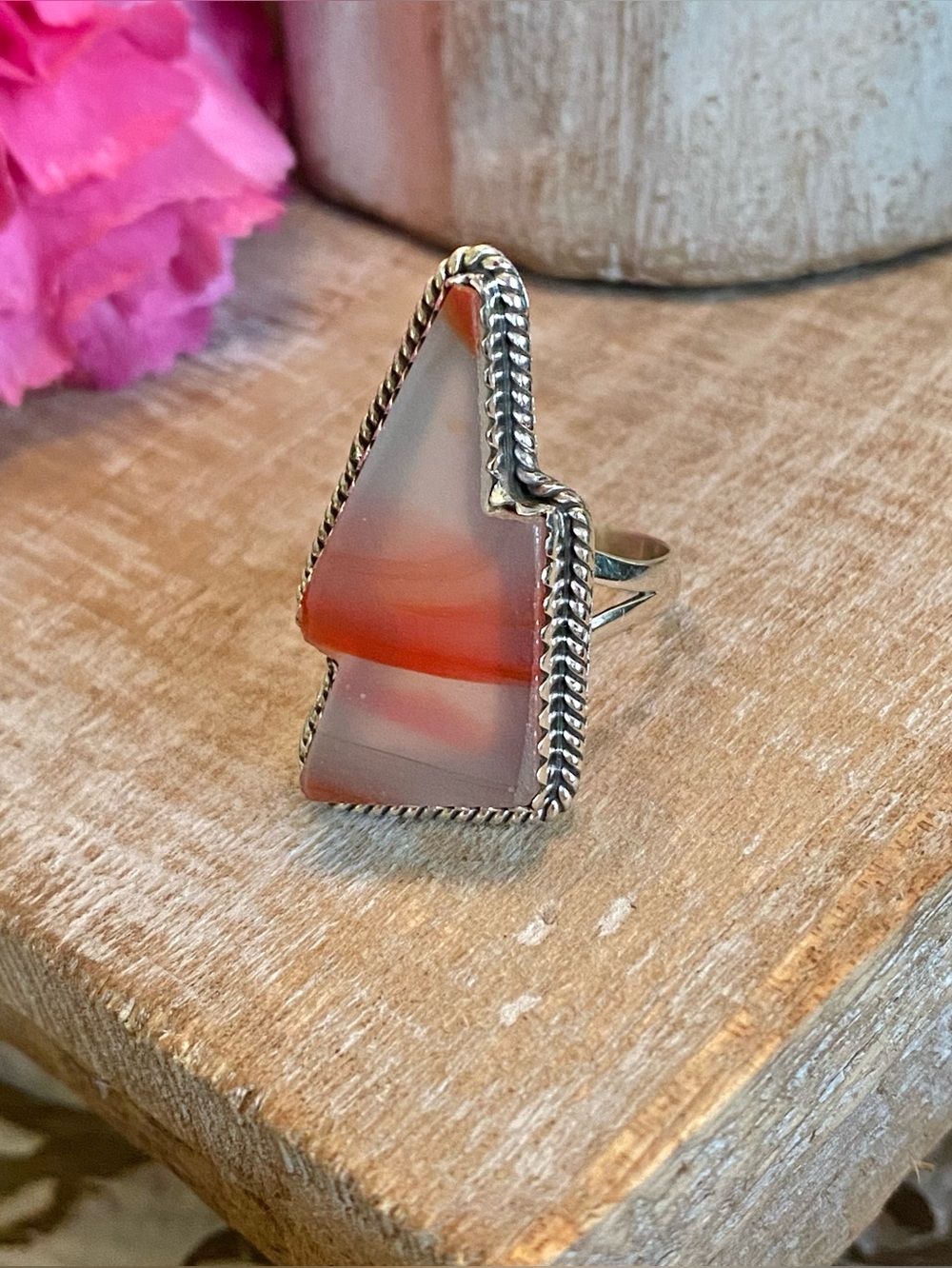Botswana Lace Agate lightening bolt southwestern boho ring sterling silver sz 8